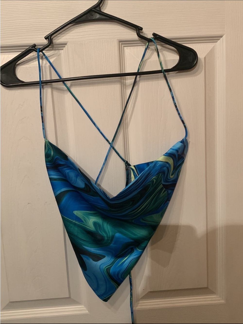 AKIRA Blue Teal Swirl Satin Cowl Halter Top